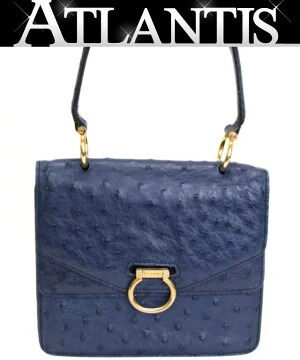 Celine Double Flap Handbag Ostrich Leather Blue